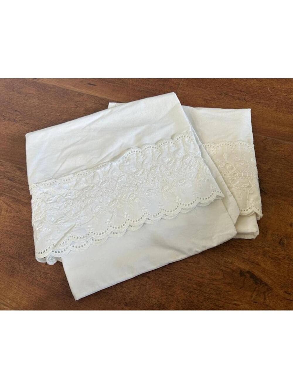 Vintage White Pillowcases with Lace Trim Set of 2